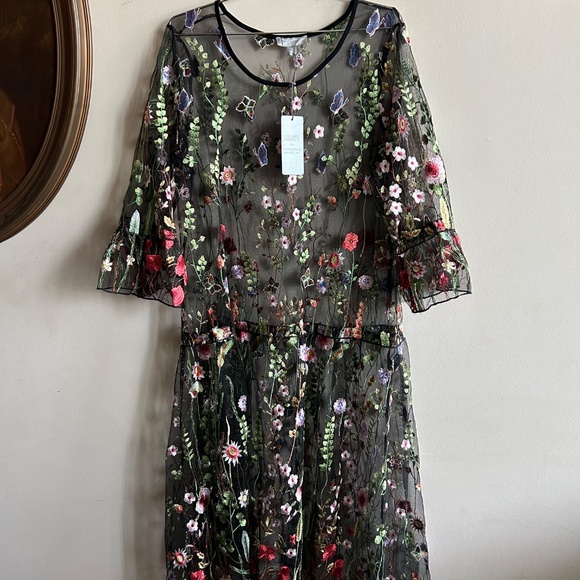 Hilary Radley for Katherine Barclay Black Floral Embroidered Mesh Dress — NWT - Picture 5 of 11